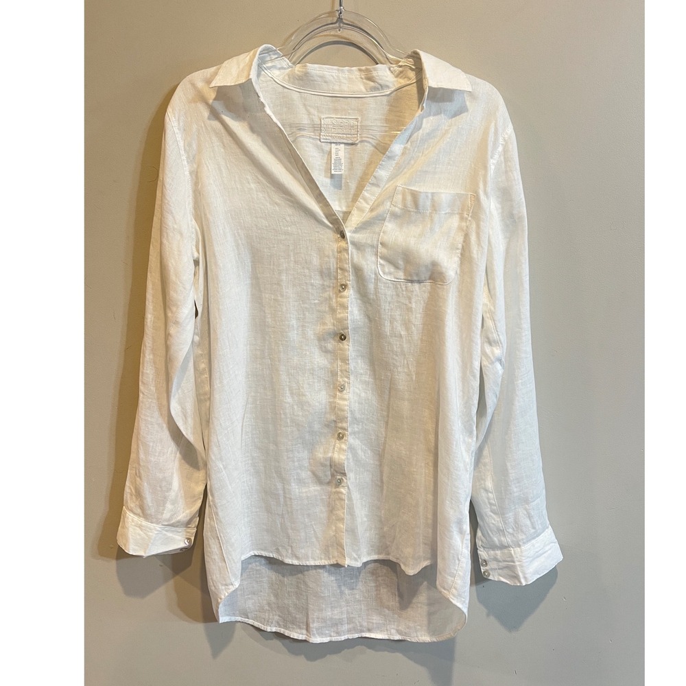 Sigrid Olsen White 100% Linen Button Down Roll Tab Sleeve Shirt Medium
